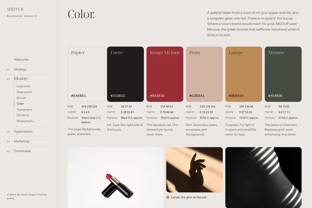 The demo brand portal for MIJOUR, a fictional Paris makeup house